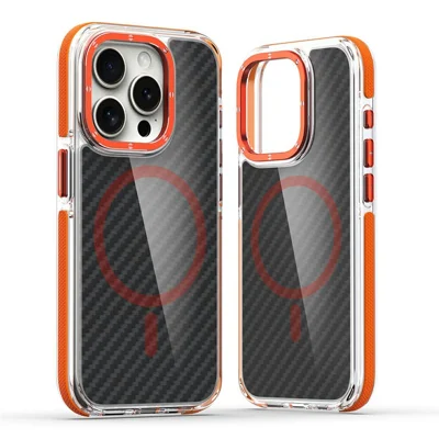 For iPhone 15 Pro Magnetic Case Carbon Fiber Texture Acrylic + TPU Contrast Design Phone Cover - Orange