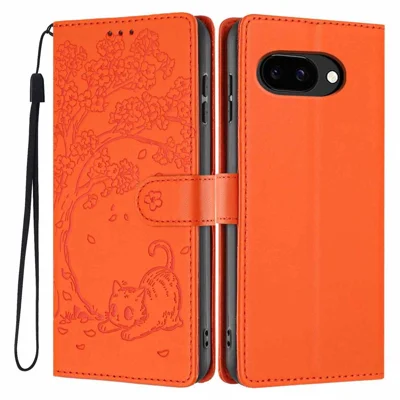 For Google Pixel 11a Stand Case Tree-and-Cat Pattern PU Leather Wallet Protective Phone Cover with Wrist Strap - Orange