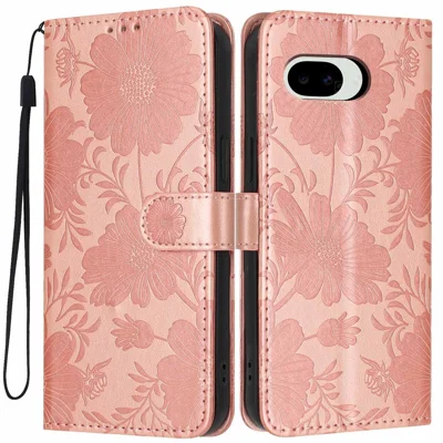 For Google Pixel 11a Wallet Case Imprint Floral PU Leather Stand Flip Phone Cover with Wrist Strap - Rose Gold