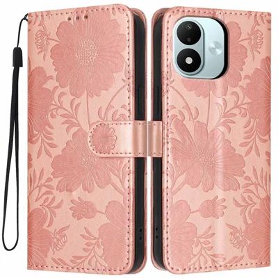 Portemonnee hoesje voor Xiaomi Redmi Note 17 4G met imitatie leer en bloemenmotief, inklapbaar standje en polsbandje - Roze goud