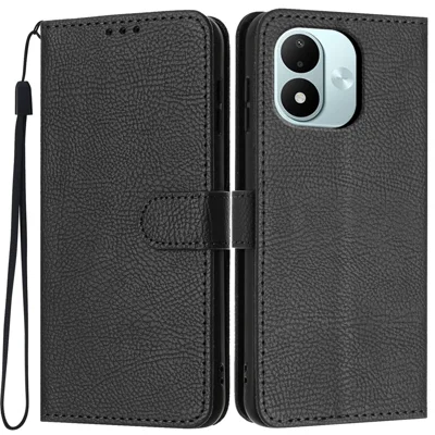 Walletcase voor Xiaomi Redmi Note 17 4G met litsjistructuur Lederen fliphoes met kaartvakken en handstrap - Zwart