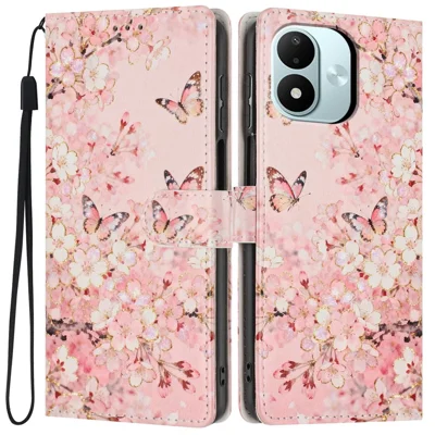 Portefeuille Fliphoesje voor Xiaomi Redmi Note 17 4G met Patroonprint in PU-leer met Standfunctie en Wristband - Roze Sakura Vlinder