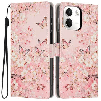 For Xiaomi Redmi Note 17 Pro+ 5G / Note 17 Pro Max 5G Wallet Case Pattern Printing PU Leather Stand Flip Phone Cover with Wrist Strap - Pink Sakura Butterfly
