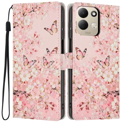 For Xiaomi Redmi 17 4G / 5G Wallet Case Pattern Printing PU Leather Stand Flip Phone Cover with Wrist Strap - Pink Sakura Butterfly