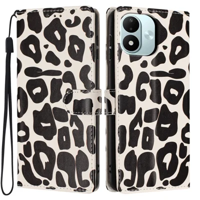 Voor Xiaomi Redmi Note 17 4G Hoesje Luipaardprint Portefeuille Stand Flip Leren Telefoonhoes met Polsband - Zwart