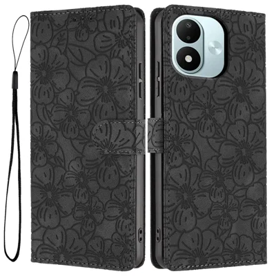 Voor Xiaomi Redmi Note 17 4G Hoesje Met Kersenbloesem Patroon Leren Portemonnee Stand Telefoonhoesje met Polsband - Zwart