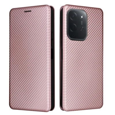 For Xiaomi Poco C95 Pro Phone Case Carbon Fiber Texture Drop-Proof PU Leather Phone Cover - Rose Gold