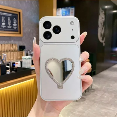 2-in-1 Makeup Mirror Kickstand Phone Case for iPhone 18 Pro Max  /  17 Pro Max Metallic Paint PC+TPU Back Cover - Silver