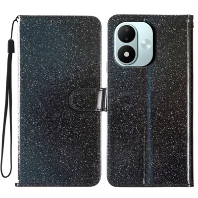 Portemonnee hoesje met glitter voor Xiaomi Redmi Note 17 4G, anti-kras lederen standaard telefoonhoes met bandje - Zwart