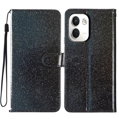 For Xiaomi Redmi Note 17 Pro+ 5G / Note 17 Pro Max 5G Wallet Case Glitter Anti-Scratch Leather Stand Phone Cover with Strap - Black