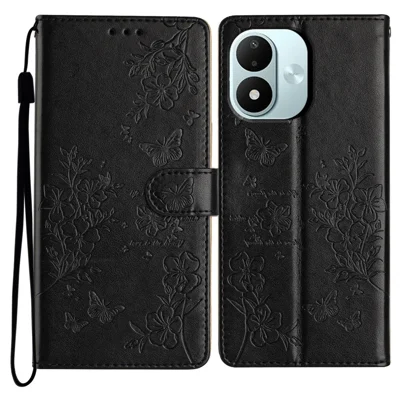 Portemonnee Hoesje voor Xiaomi Redmi Note 17 4G met Vlinder- en Bloemenprint in Lederlook met Handtekening en Handtouw - Zwart