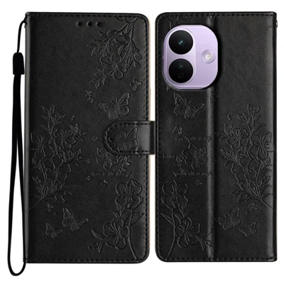 For Xiaomi Redmi Note 17 Pro 5G Wallet Phone Case Butterfly Floral Imprint Leather Flip Cover with Strap - Black