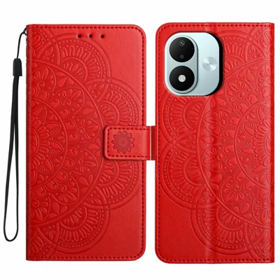 Leerhoesje met standaard en kaartslots met mandalapatroon voor Xiaomi Redmi Note 17 4G met polsbandje - Rood