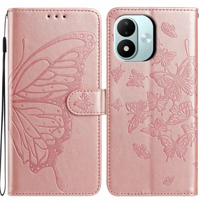 Voor Xiaomi Redmi Note 17 4G hoesje met vlinderprint portemonnee staande PU lederen flip hoes met riem - Rosé goud