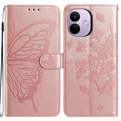 For Xiaomi Redmi Note 17 Pro 5G Case Butterfly Imprinted Wallet Stand PU Leather Flip Phone Cover with Strap - Rose Gold
