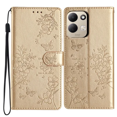 Voor Xiaomi Redmi 17 4G / 5G Portemonnee Hoesje met Vlinder- en Bloemenprint in Leren Flipcover met Riempje - Goud