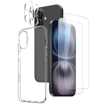 NORTHJO dla iPhone'a 16 TPU Etui z 2 szt. Przednim Ochronnikiem Ekranu + 2 szt. Folii Obiektywu - Przezroczyste