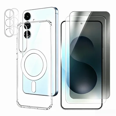 Per Samsung Galaxy S25 FE Custodia Magnetica Trasparente con 2 Pezzi Protettori Obiettivo + 1 Pezzo Protettore Schermo Trasparente + 1 Pezzo Protettore Schermo Antispia - Transparente