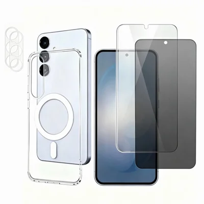 Чехол с магнитом для Samsung Galaxy S26+, прозрачный чехол для телефона с 2 защитными пленками для камеры + 1 прозрачной защитной пленкой для экрана + 1 антишпионской защитной пленкой для экрана — прозрачный