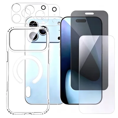  For iPhone 17 Pro Magnetic Case Clear Phone Cover with 2Pcs Camera Protectors + 1Pc Clear Screen Protector + 1Pc Anti-spy Screen Protector - Transparent