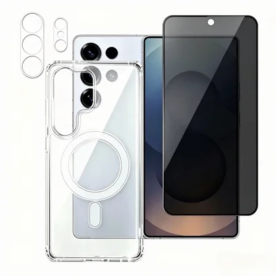 Para Samsung Galaxy S26 Ultra 3 en 1 Funda Magnética TPU + Funda de Acrílico para Teléfono con Película de Pantalla Antiespías de 180° + Película de Lente Transparente - Negro