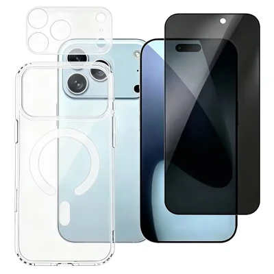 لـ iPhone 17 Pro Max 3 في 1 غطاء مغناطيسي TPU + غطاء هاتف من الأكريليك مع فيلم شاشة مضاد للتجسس 180° + فيلم عدسة شفاف - أسود