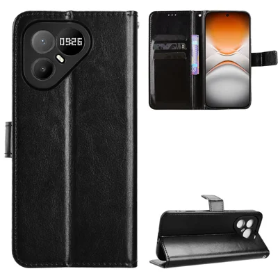  For TECNO Pova 8 Pro 5G PU Leather Case with Strap Crazy Horse Texture Phone Wallet Cover - Black