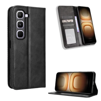 Étui en cuir pour Infinix Hot 70 Pro 5G, étui portefeuille avec support, housse rétro - Noir