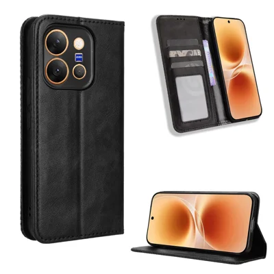  For vivo X300 E 5G Leather Case Wallet Stand Retro Texture Phone Cover - Black
