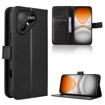 For TECNO Pova 8 Pro 5G Leather Wallet Case with Strap Diamond Texture Phone Cover - Black