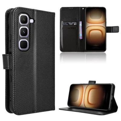 Étui portefeuille en cuir pour Infinix Hot 70 Pro 5G avec dragonne, housse téléphone texture diamant - Noir