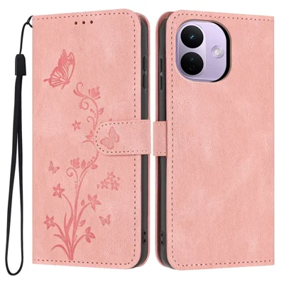 For Xiaomi Redmi Note 17 Pro 5G Wallet Case Butterfly Flower Imprint PU Leather Phone Cover with Wrist Strap - Pink