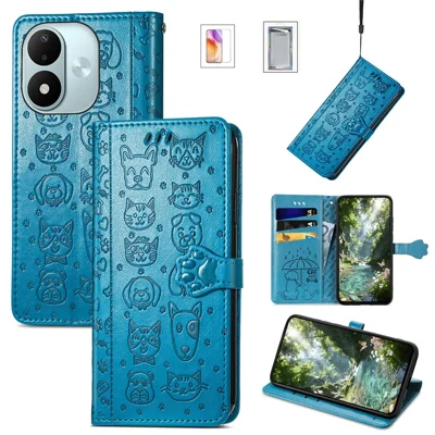 Voor Xiaomi Redmi Note 17 4G Hoesje met Gehard Glas Screenprotector Leuke Kat Hond Patroon PU Leren Portemonnee Hoes - Luchtblauw