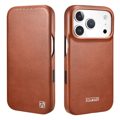 ICARER for iPhone 17 Pro Case Card Slot Retro Genuine Cow Leather Flip Folio Phone Cover - Brown