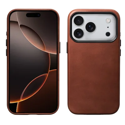 ICARER for iPhone 17 Pro Magnetic Case Full Wrapped Waxy Genuine Cow Leather + PC Protective Cover - Brown