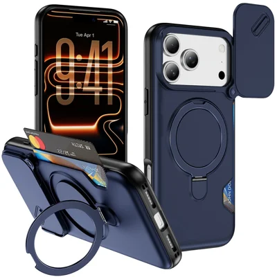 For iPhone 18 Pro Max / 17 Pro Max Case Magnetic Kickstand TPU + PC Phone Cover with Card Slots / Sliding Camera Cover - Sapphire
