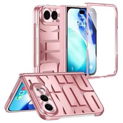 For iPhone Fold Case Electroplating PC Phone Cover with Tempered Glass Film - Rose Gold
