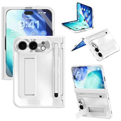 Coque pour iPhone Fold avec trépied intégré, protection de charnière en PC, film en verre trempé, stylet - Blanc