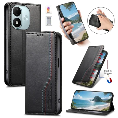Xiaomi Redmi Note 17 4G-hoes met gehard glas schermbeschermer Driekleurige stiksels Lederen portemonnee telefoonhoes met ingebouwde elastische polsband - Zwart