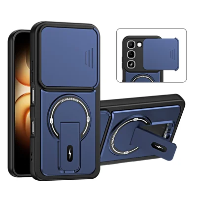 Coque pour Infinix Hot 70 Pro 5G avec couvercle coulissant pour caméra, support orientable, protection anti-chute en PC + TPU, finition mate - Bleu