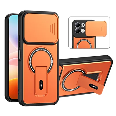 Xiaomi Redmi 17 4G/5G-hoes met schuifbare cameralensafdekking, standaard, stootvaste PC + TPU, mat afwerking - Oranje