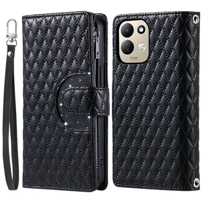 Voor Xiaomi Redmi 17 5G / 17 4G Hoesje met Ritsvak Glitter Leren Telefoonhoes met Polsbandje - Zwart