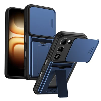 Coque pour Infinix Hot 70 Pro 5G avec protection d'objectif, support, PC + TPU, avec porte-cartes - Bleu