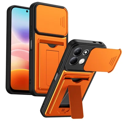Voor Xiaomi Redmi 17 4G / 5G hoesje lensbescherming met standaard PC + TPU telefoonhoesje met kaarthouder - Oranje