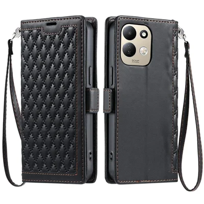 Voor Xiaomi Redmi 17 5G / 17 4G Leren Hoes Ruitstructuur Portefeuille Stand Hoes met Polsband - Zwart