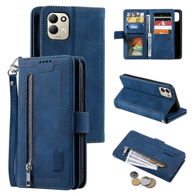Voor Xiaomi Redmi 17 5G / 17 4G hoesje met 9 kaarthouders, portemonnee met rits, PU-leer telefoonhoesje met polsbandje - Blauw