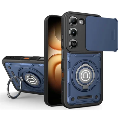 Coque pour Infinix Hot 70 Pro 5G avec couvercle coulissant pour appareil photo, anneau support, coque de téléphone en PC + TPU - Bleu foncé