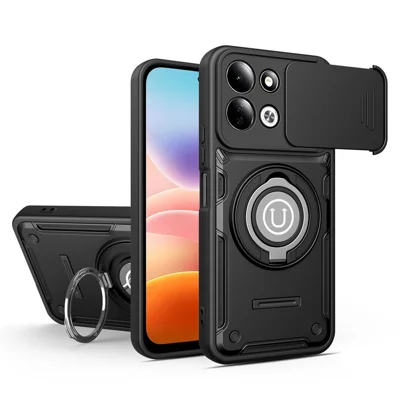 Telefoonhoesje voor Xiaomi Redmi 17 4G / 5G met schuifbare camerabescherming, ringstandaard, PC + TPU telefoonhoes - Zwart