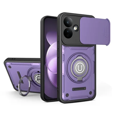 For Xiaomi Redmi Note 17 Pro 5G Case with Slide Camera Cover Ring Kickstand PC + TPU Phone Shell - Purple