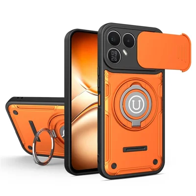 For TECNO Pova 8 5G Case with Slide Camera Cover Ring Kickstand PC + TPU Phone Shell - Orange